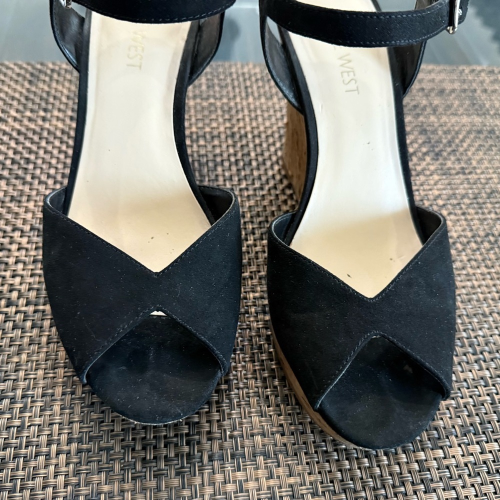 Nine West Black Suede Peep-Toe Wedge Sandals with Cork Platform - Picture 3 of 4